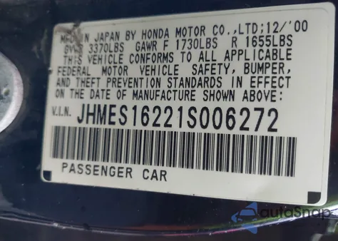 2001 Honda Civic Dx from USA, damaged, VIN JHMES16221S006272